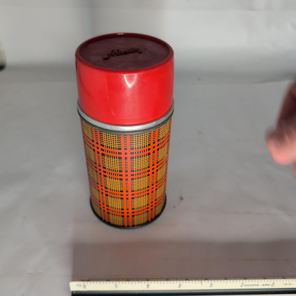 Vintage Aladdin Red Plaid Metal Glass Insulated Bottle Thermos Retro Camping